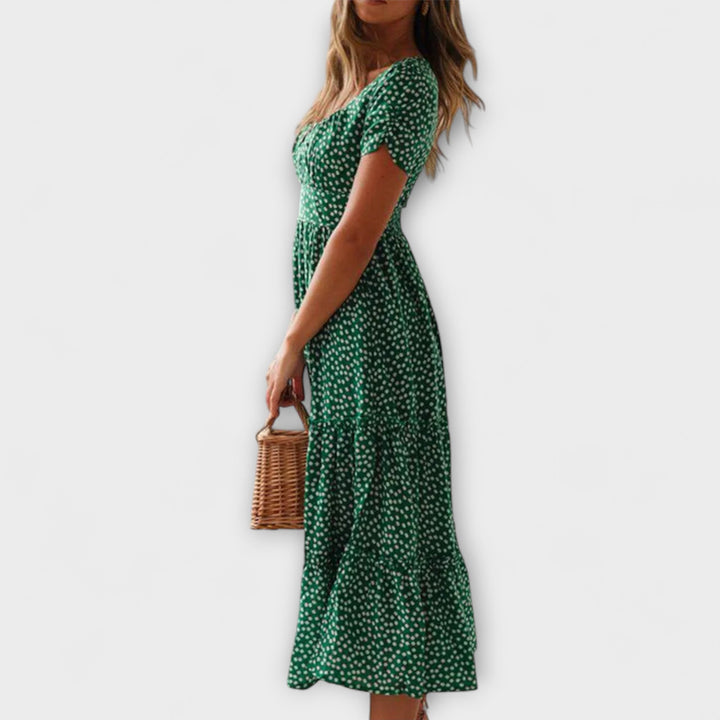 Vintage Floral Pattern Puff Sleeve Maxi Dress