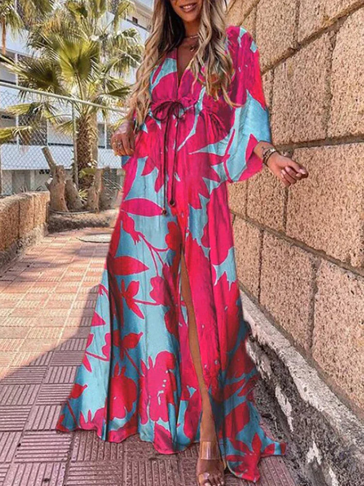 Women's Printed Wrap V Neck Dress | Maxi