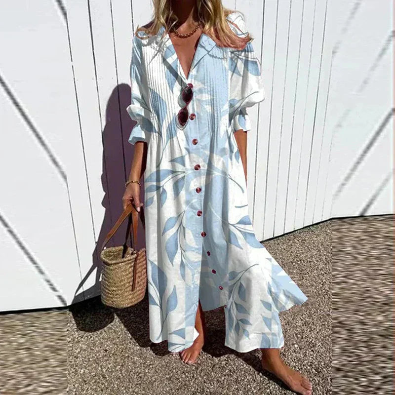 Women's Button Down Leafy Print Dress | Maxi
