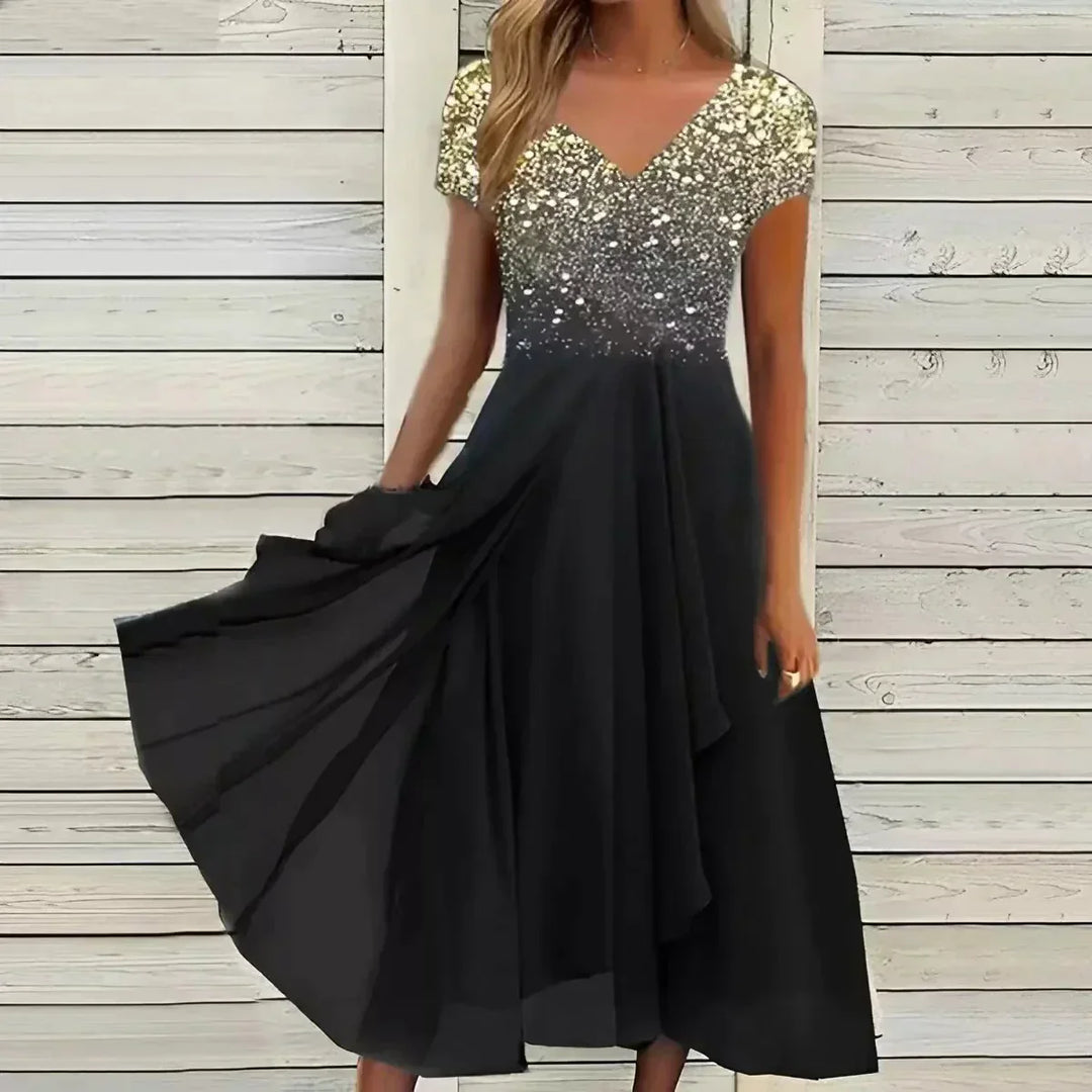Women's V-Neck Short Sleeve Evening Dress | Midi
