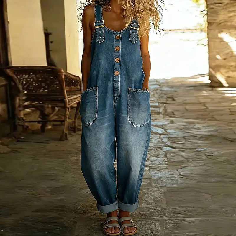 Vintage Soft Cotton Denim-Look Overalls with Adjustable straps