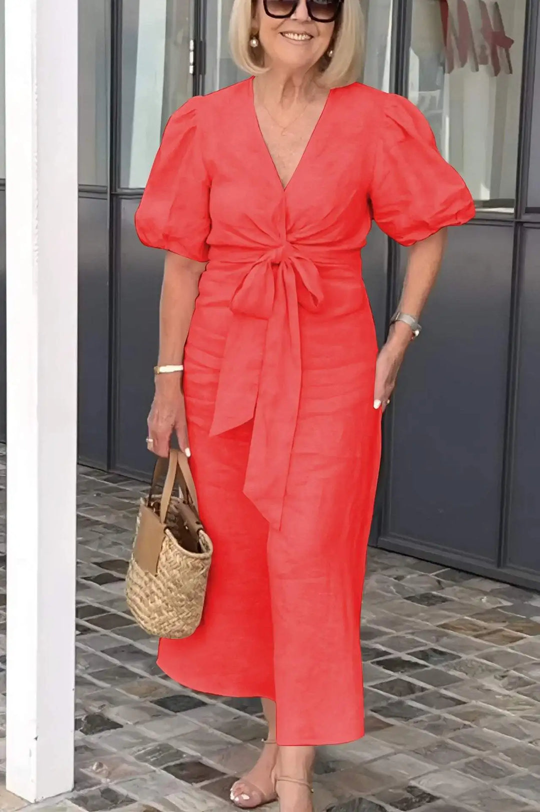Women's Puff Sleeves V-neck Dress | Maxi