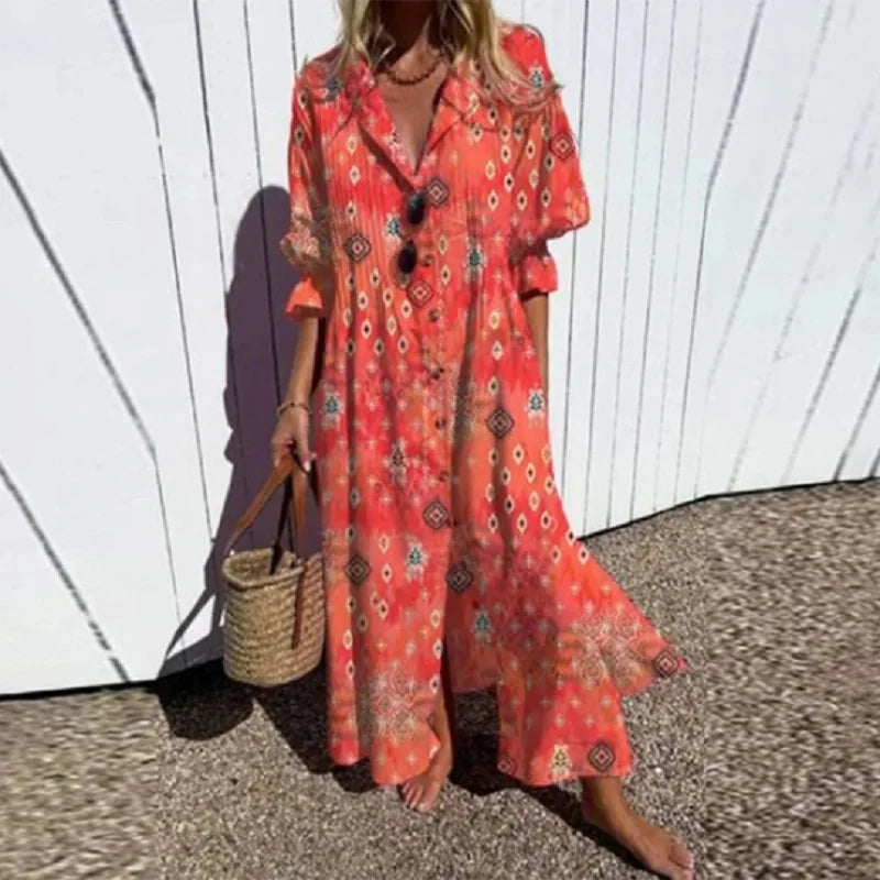 Women's Button Down Leafy Print Dress | Maxi