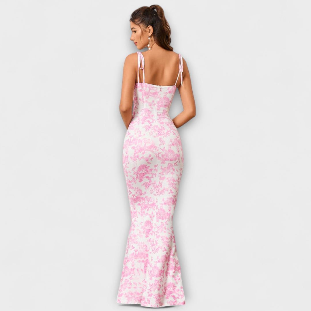 Floral Print Prom Dress with Tied Shoulder Straps