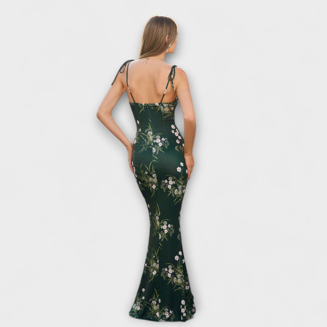 Floral Print Prom Dress with Tied Shoulder Straps