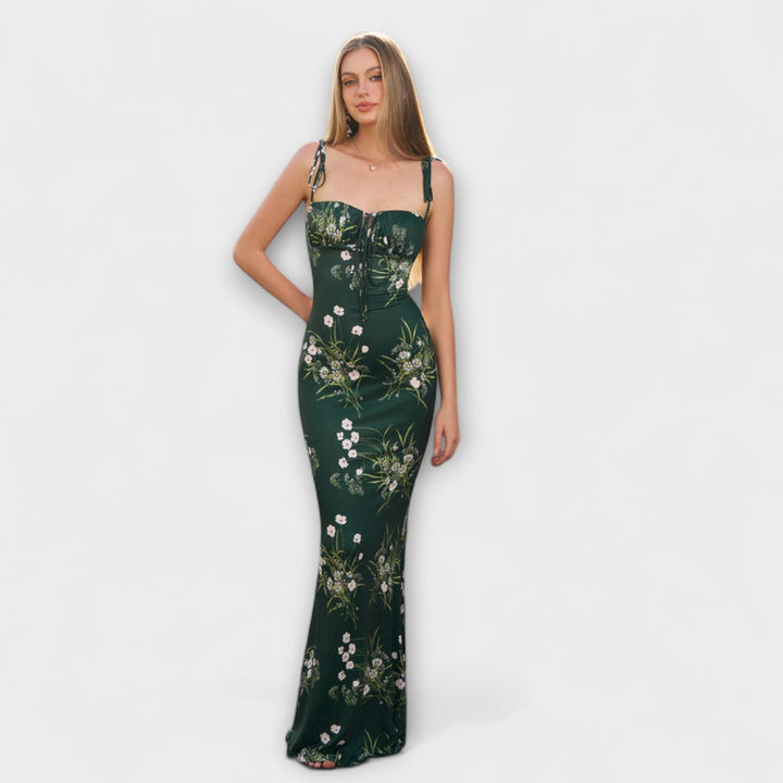Floral Print Prom Dress with Tied Shoulder Straps