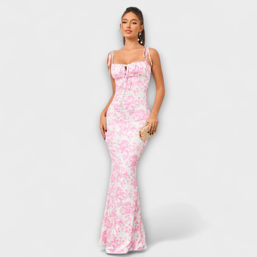 Floral Print Prom Dress with Tied Shoulder Straps