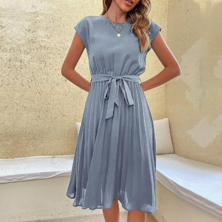 Women's Stylish Pleated Midi Dress | Short-Sleeve
