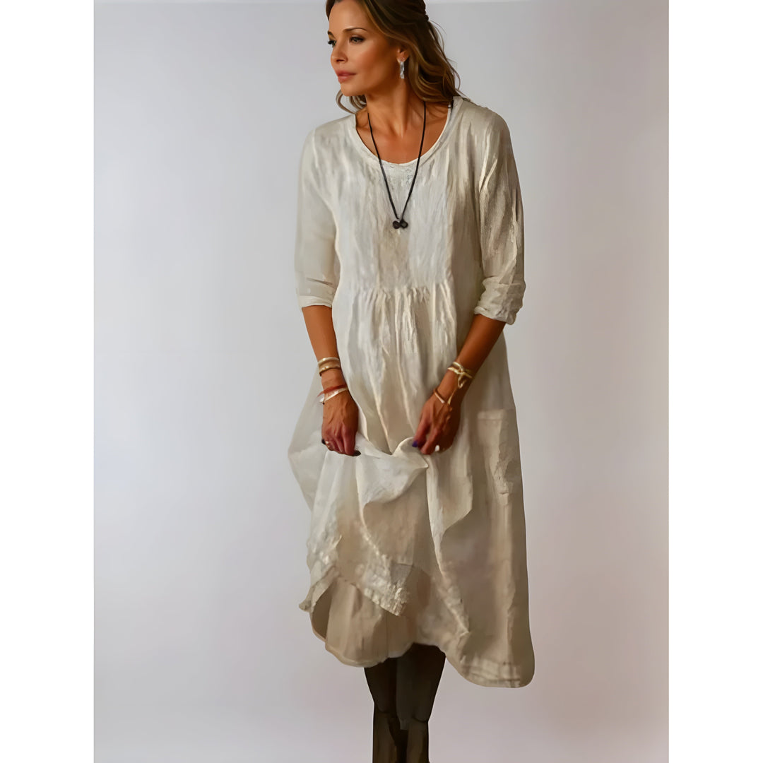 Women's Plain 3/4 Sleeve Round Neck Dress | Midi
