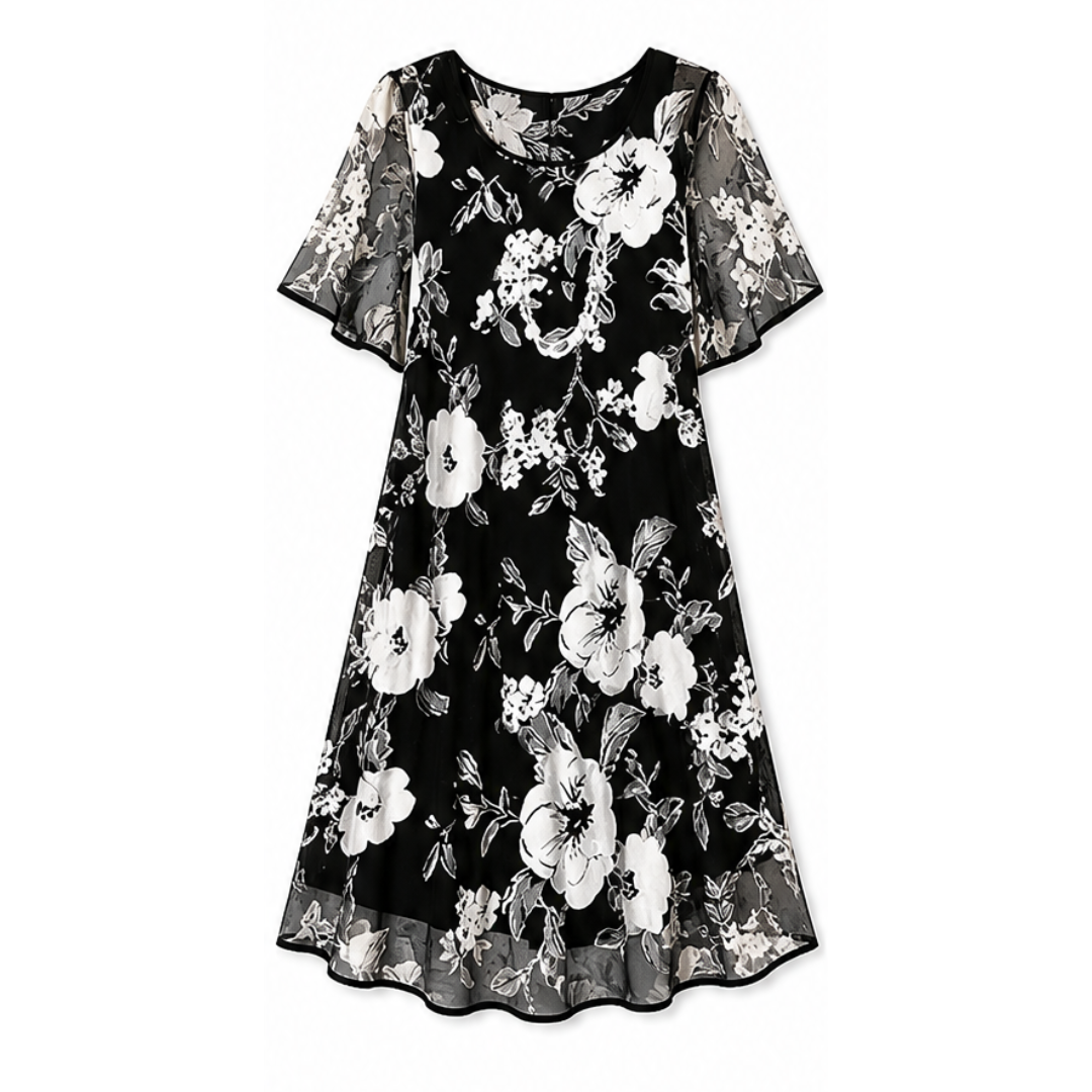 Solenya™ – Floral Chiffon Dress with Sheer Overlay