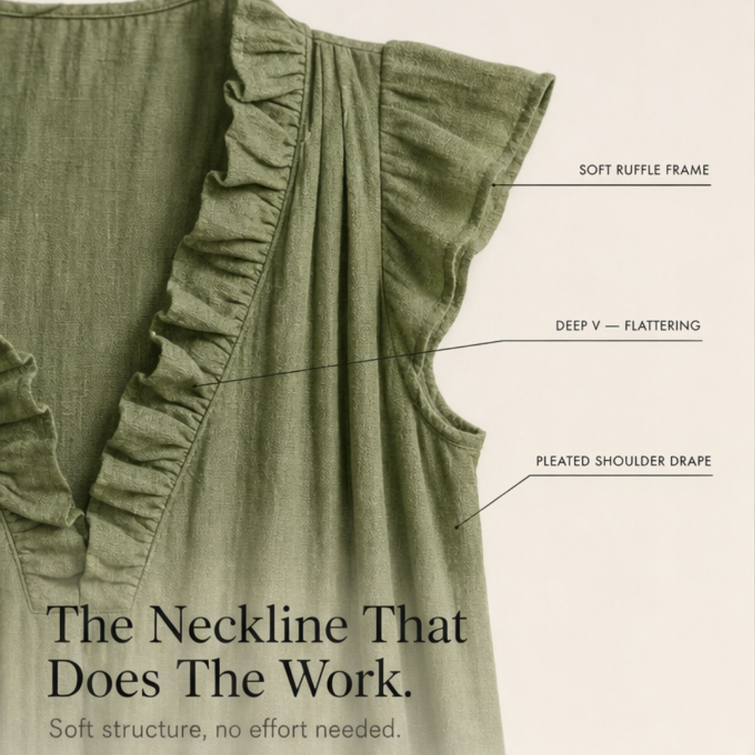 Veluna™ – Ruffle-V Linen-Look Midi Dress with Pockets