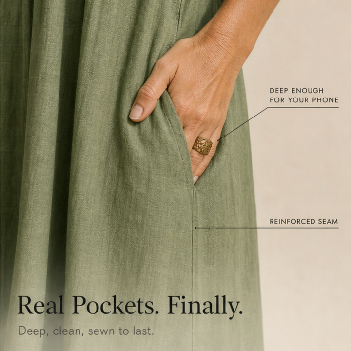 Veluna™ – Ruffle-V Linen-Look Midi Dress with Pockets