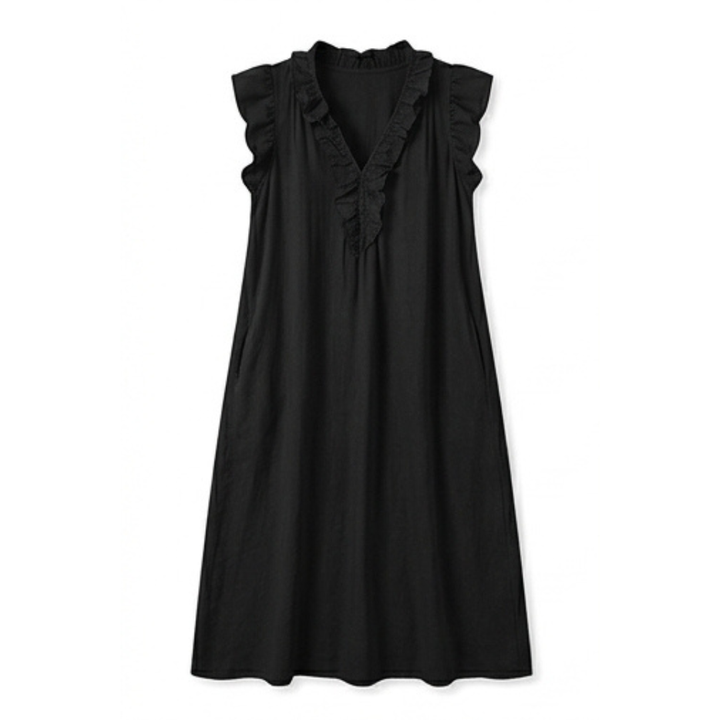 Veluna™ – Ruffle-V Linen-Look Midi Dress with Pockets