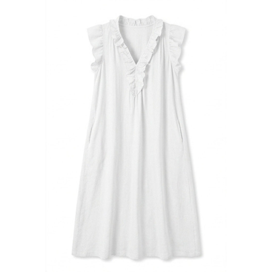 Veluna™ – Ruffle-V Linen-Look Midi Dress with Pockets