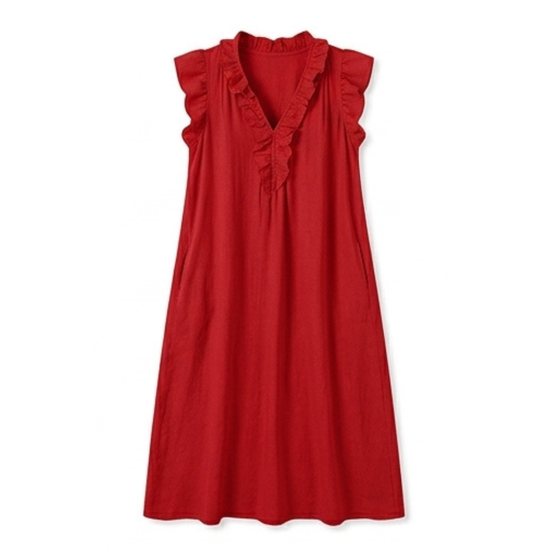 Veluna™ – Ruffle-V Linen-Look Midi Dress with Pockets