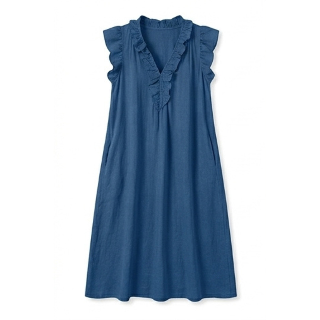 Veluna™ – Ruffle-V Linen-Look Midi Dress with Pockets
