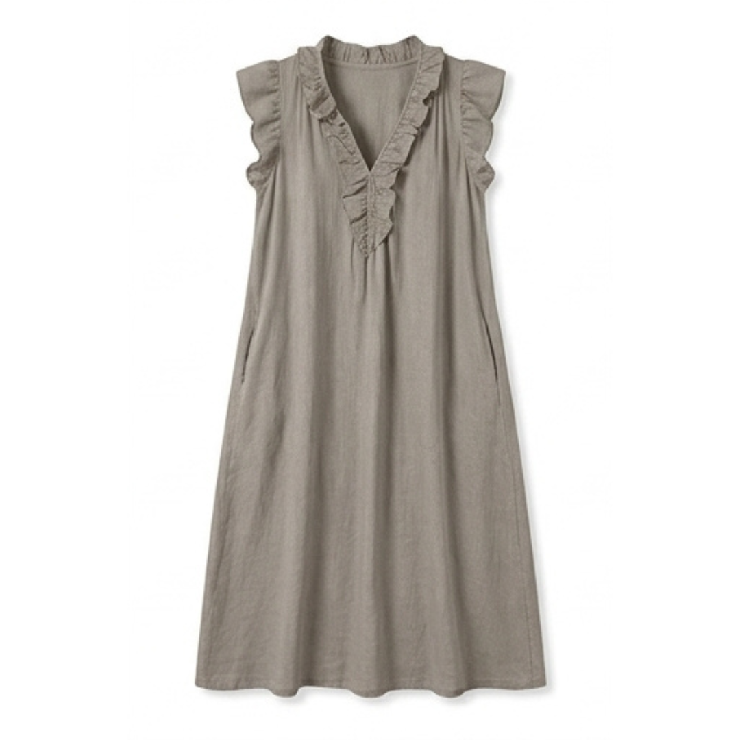 Veluna™ – Ruffle-V Linen-Look Midi Dress with Pockets