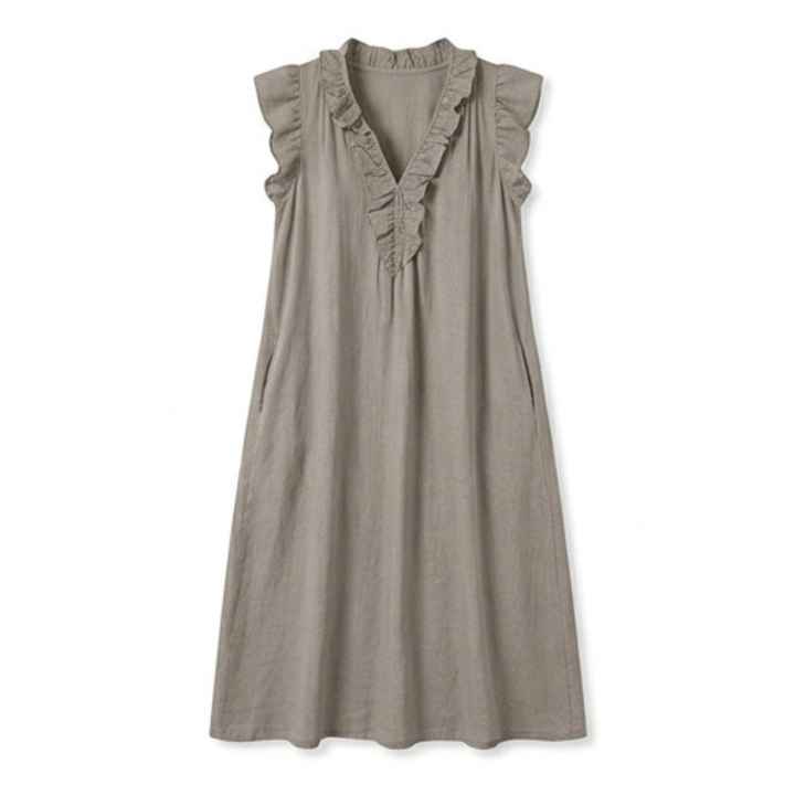 Veluna™ – Ruffle-V Linen-Look Midi Dress with Pockets