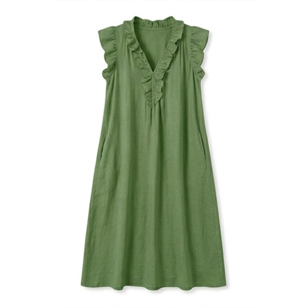 Veluna™ – Ruffle-V Linen-Look Midi Dress with Pockets