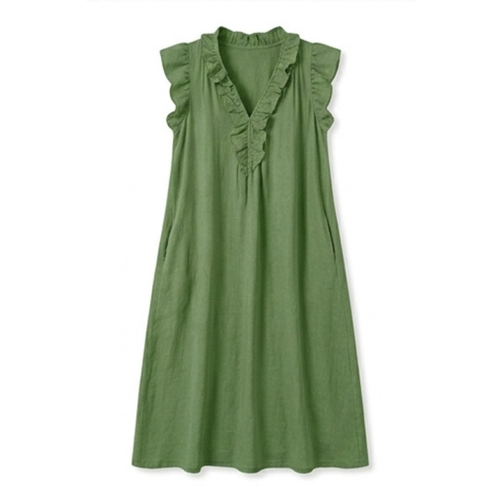 Veluna™ – Ruffle-V Linen-Look Midi Dress with Pockets