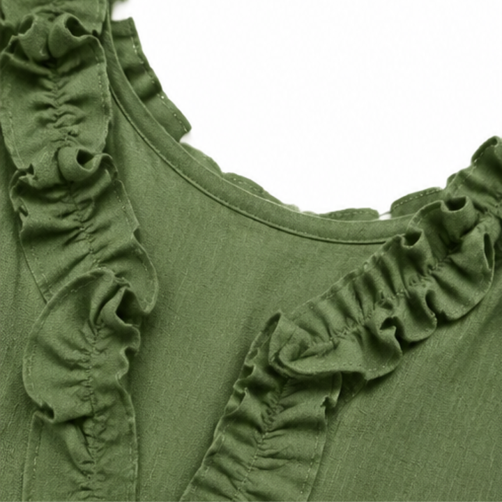 Veluna™ – Ruffle-V Linen-Look Midi Dress with Pockets