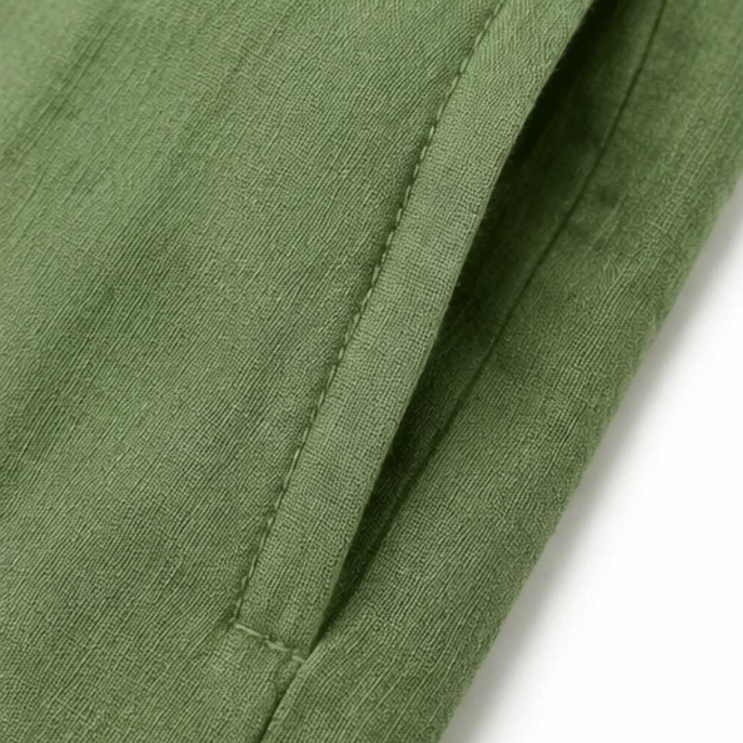 Veluna™ – Ruffle-V Linen-Look Midi Dress with Pockets