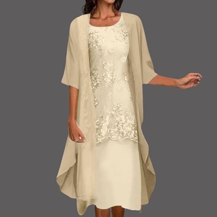 Women's Round Neck Sleeveless Midi Dress with 3/4 Sleeve Cardigan | Two-Piece Dress Set