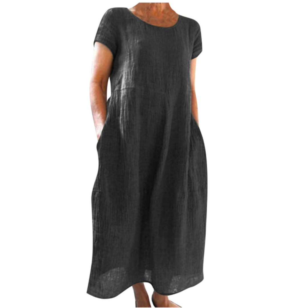 Women's A Line Round Neck with Short Sleeve Dress | Midi