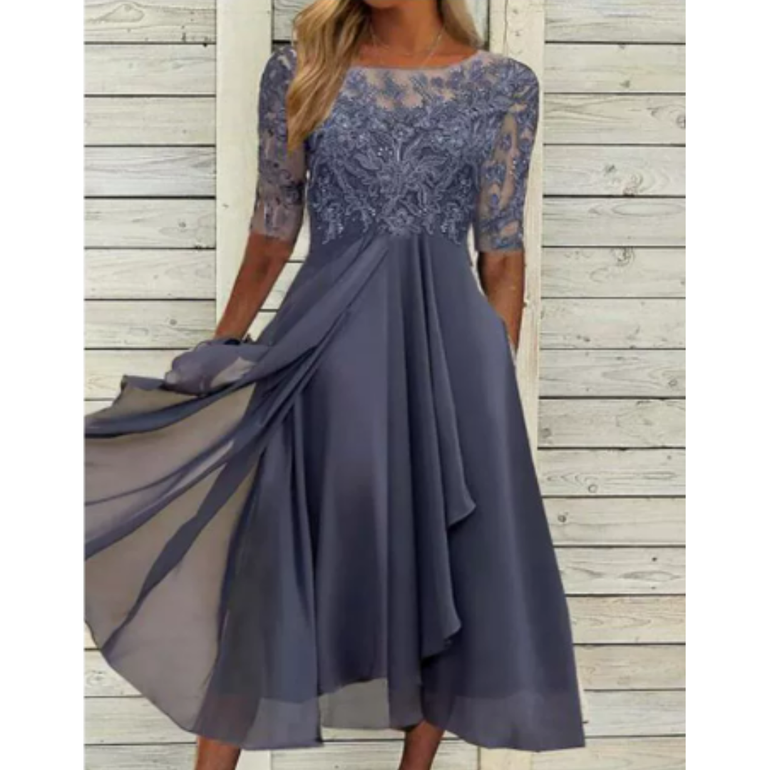 Women's Short Sleeve Layered Round Neck Wedding Guest Dress | Midi