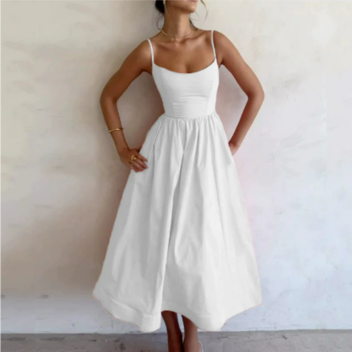 Women's V Neck Spaghetti Strap Sleeveless Summer Dress | Midi