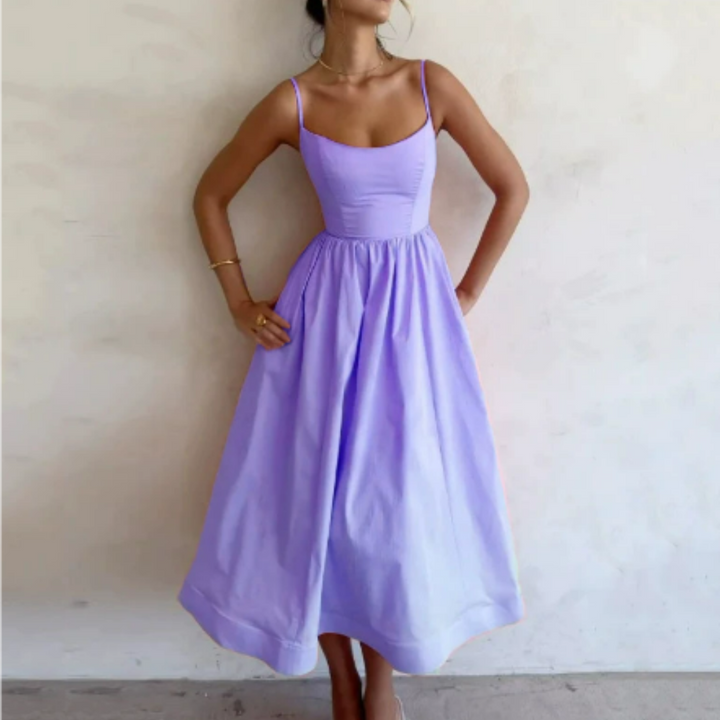 Women's V Neck Spaghetti Strap Sleeveless Summer Dress | Midi
