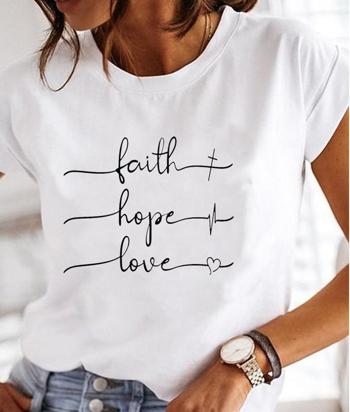Women's White Printed Short Sleeve T-Shirt | Round Neck
