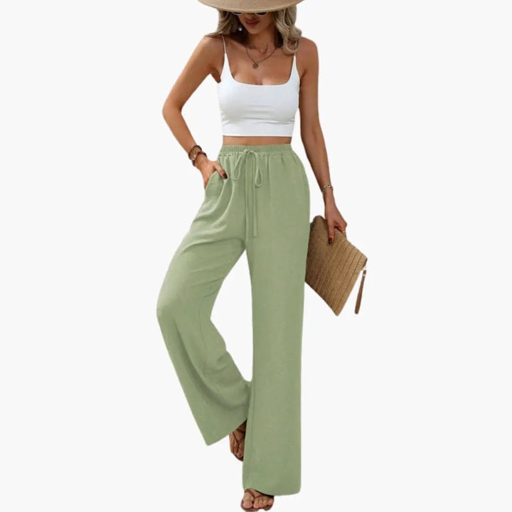 Women’s Wide Leg Summer Pants with Elastic Waist – Pull-On Full-Length Trousers