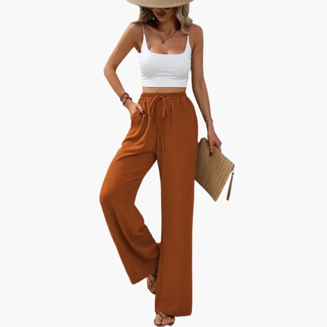 Women’s Wide Leg Summer Pants with Elastic Waist – Pull-On Full-Length Trousers