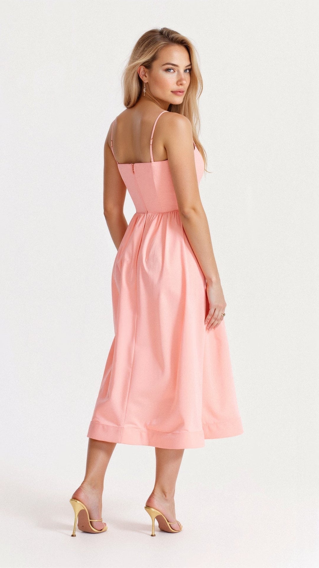 Women's Midi Dress - Spaghetti Strap Scoop Neck Gathered A-Line Skirt