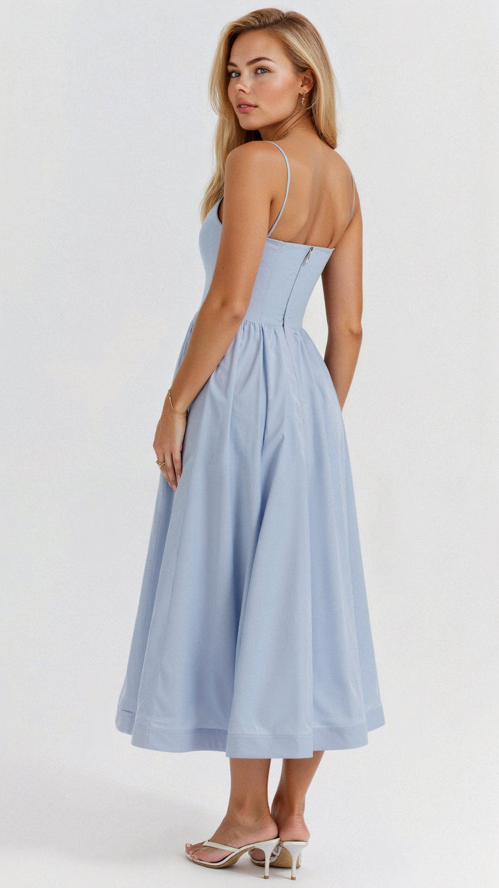 Women's Midi Dress - Spaghetti Strap Scoop Neck Gathered A-Line Skirt