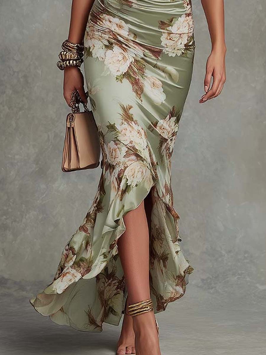 Women's Long Satin Dress with Floral Print