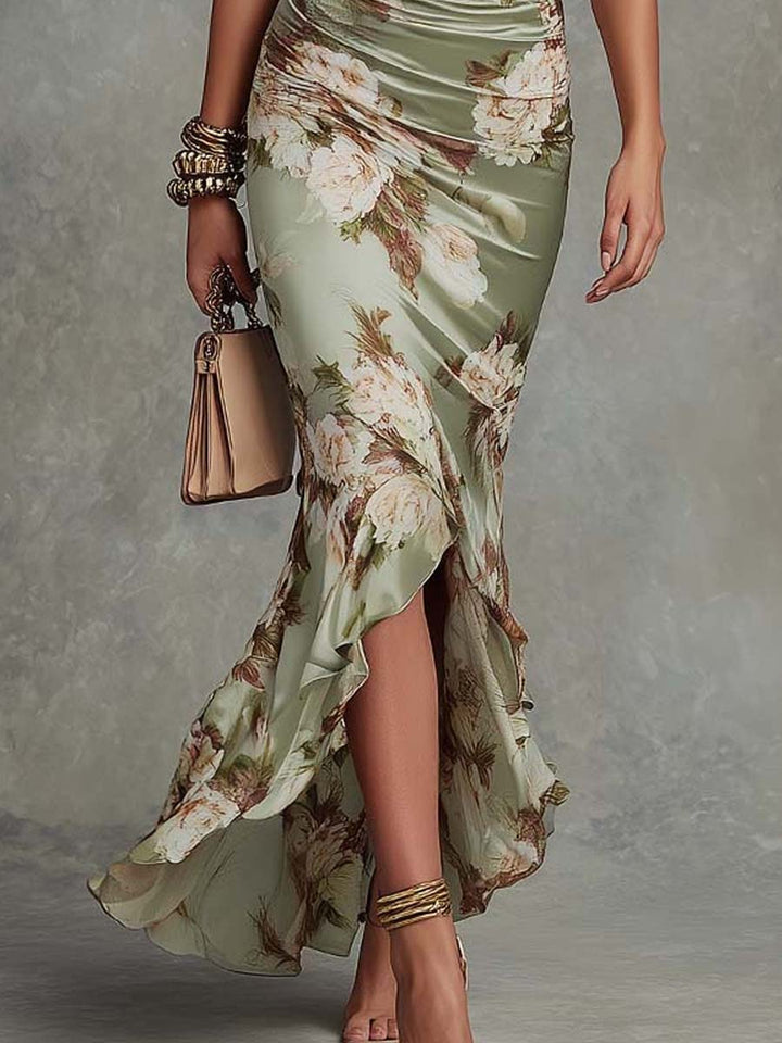Women's Long Satin Dress with Floral Print