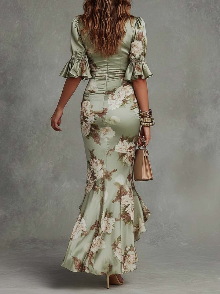 Women's Long Satin Dress with Floral Print