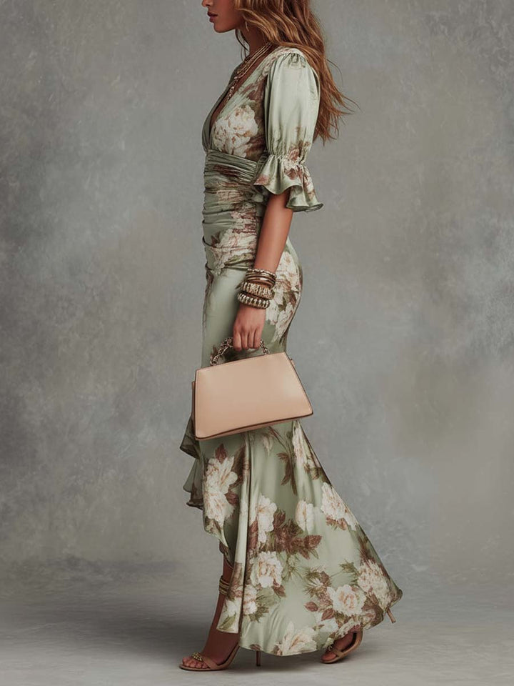 Women's Long Satin Dress with Floral Print