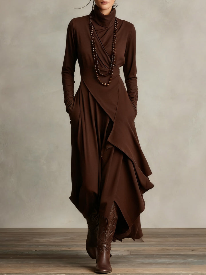 Purple Maxi Dress with High Neck and Asymmetrical Draping