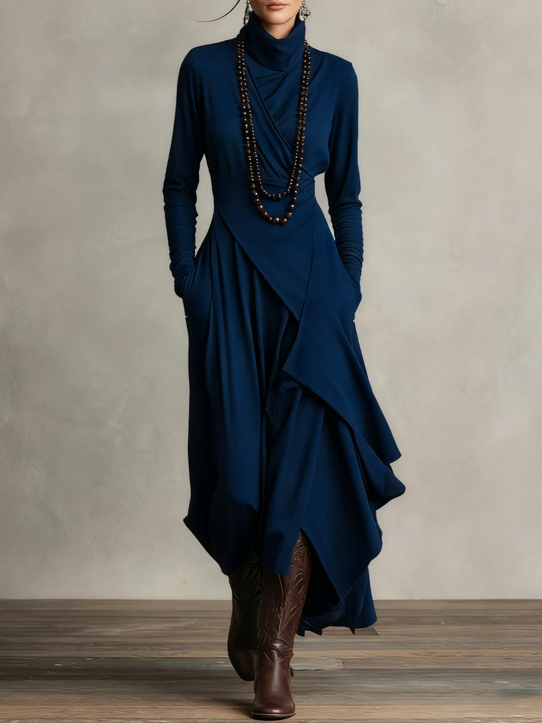 Purple Maxi Dress with High Neck and Asymmetrical Draping