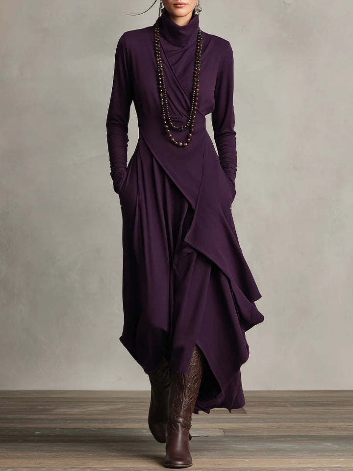 Purple Maxi Dress with High Neck and Asymmetrical Draping