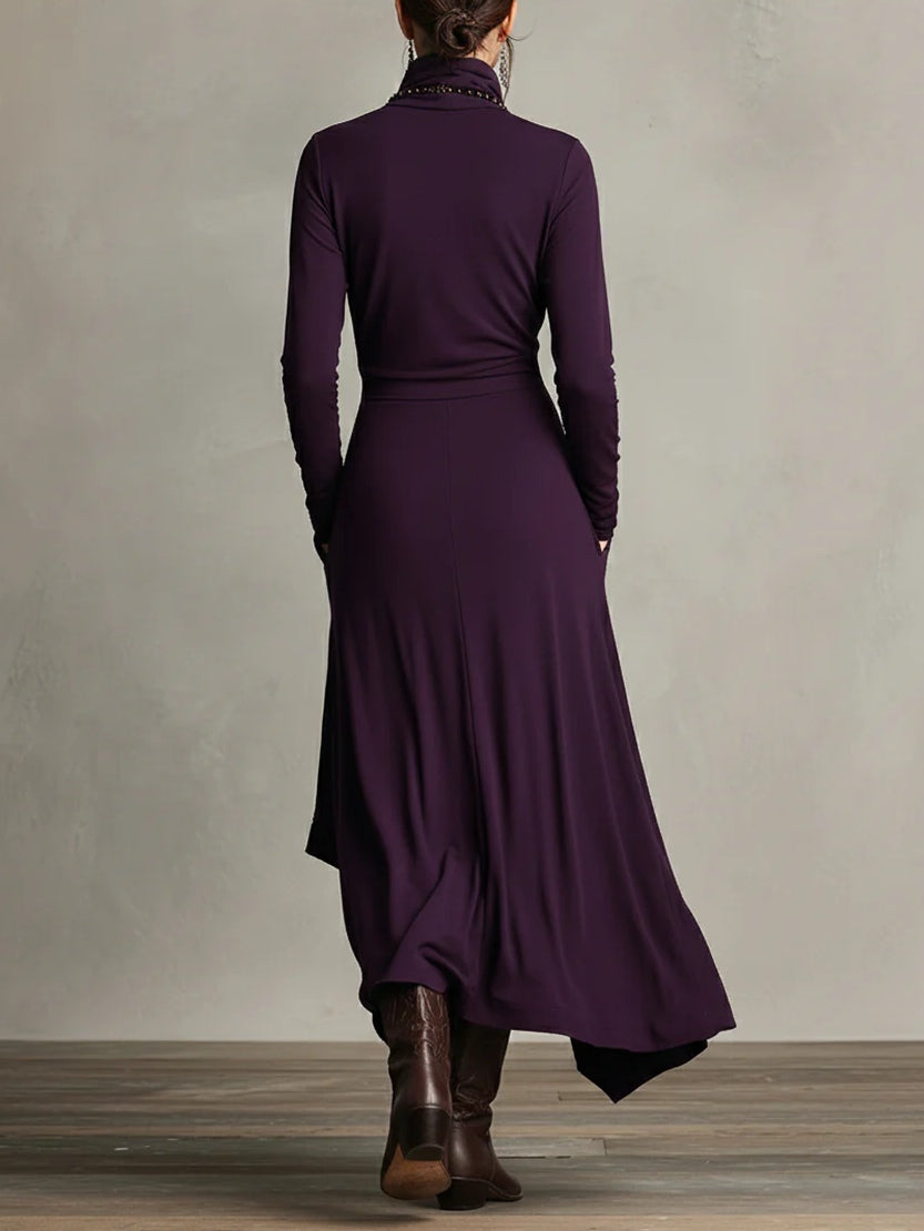 Purple Maxi Dress with High Neck and Asymmetrical Draping