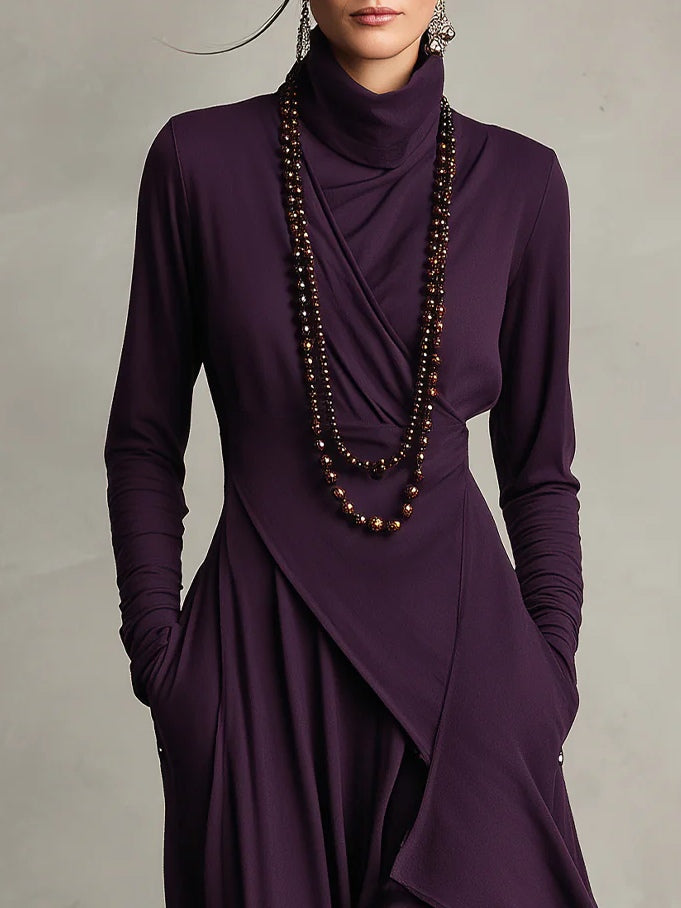 Purple Maxi Dress with High Neck and Asymmetrical Draping