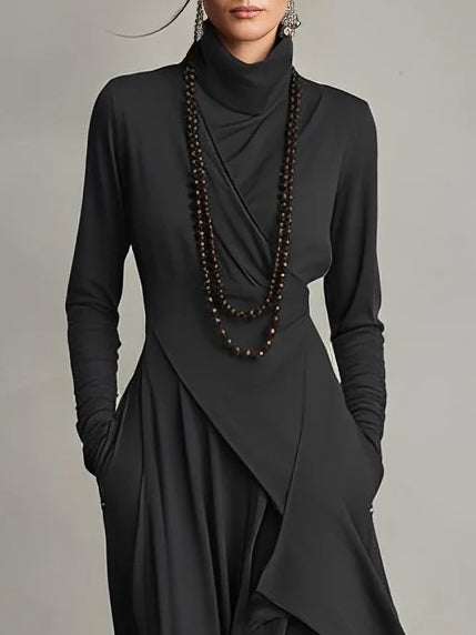Purple Maxi Dress with High Neck and Asymmetrical Draping