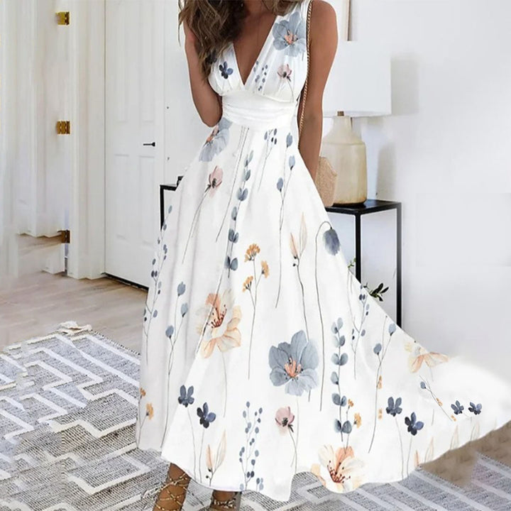 Women's Sleeveless V Neck Floral Print Dress | Midi