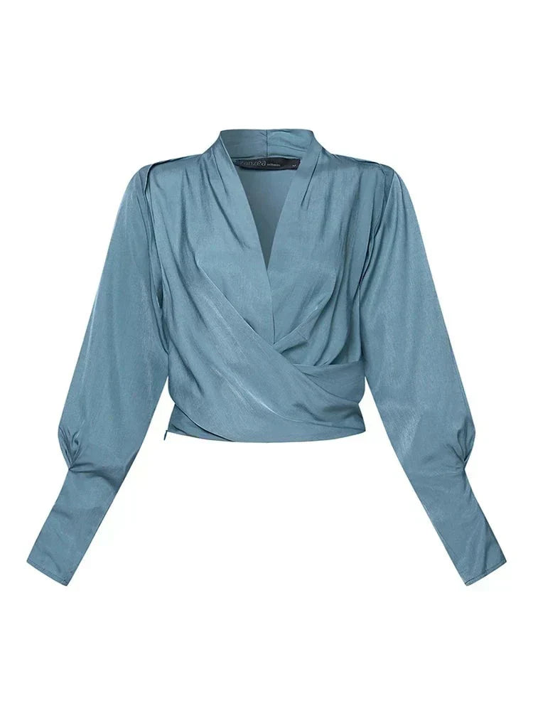 CASSANDRA – ELEGANT DRAPED V-NECK BLOUSE