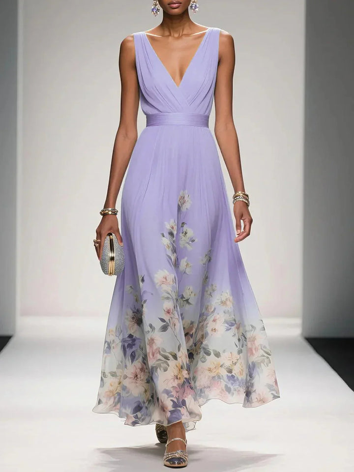 Elegant Light Blue Floral Chiffon V-Neck Sleeveless A-Line Maxi Dress