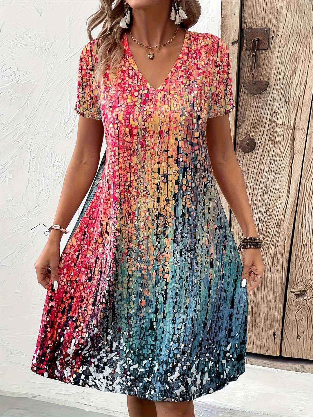 Women's Multicolor V Neck Short Sleeves Summer Dress | Mini